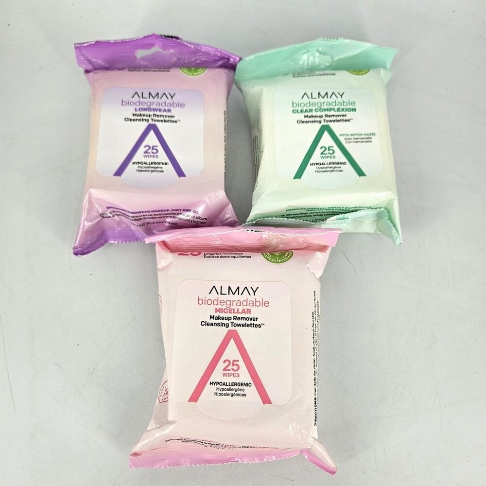Almay Makeup Remover Towelettes 25ct 3 Pack Variety Set Assorted Biodegradable